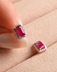White Gold Ruby Halo Stud