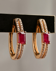 Double line Diamond Oval Ruby Hoops
