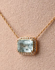 Aquamarine Diamond Halo Necklace (Emerald Cut)