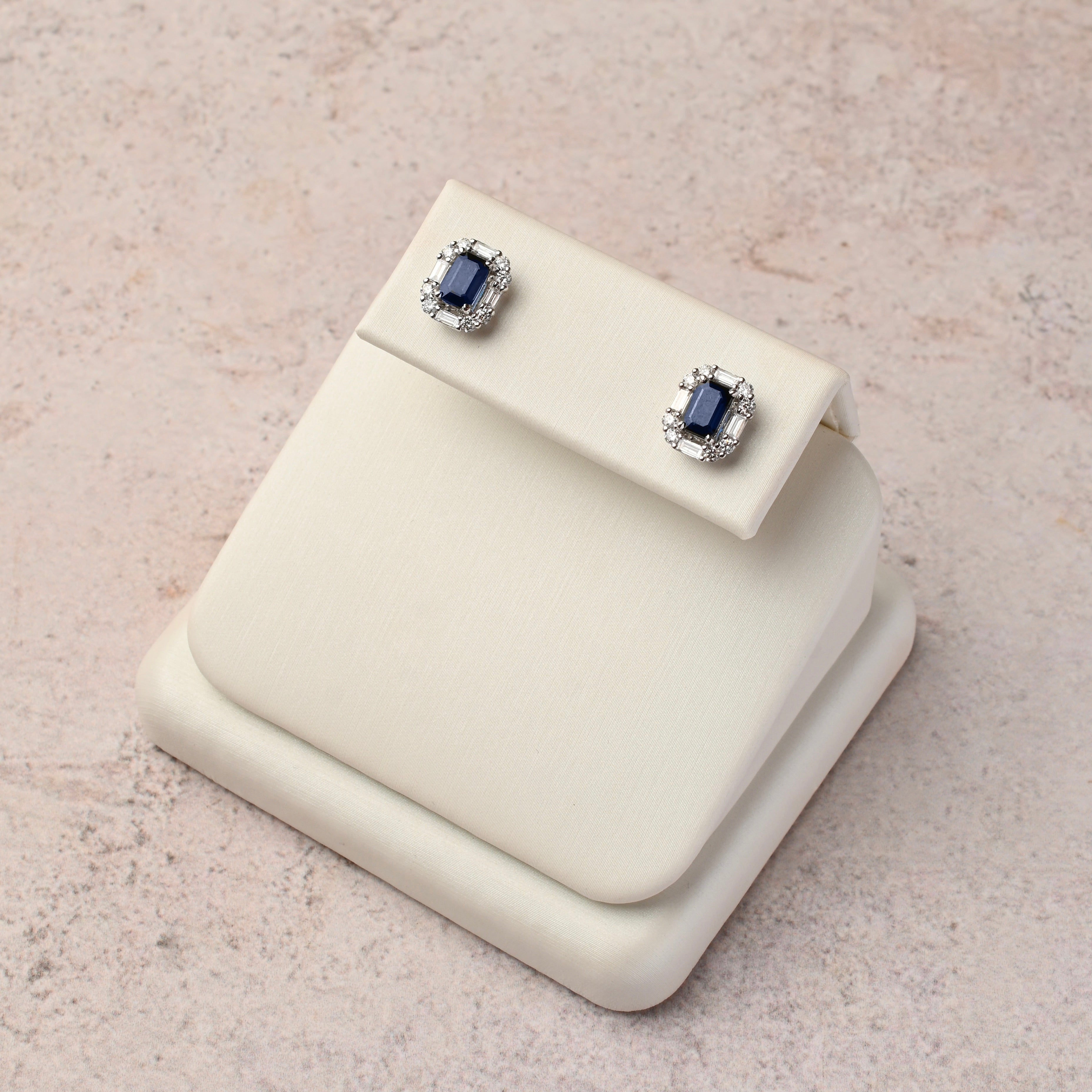 Sapphire Studs with Diamond Baguette Halo