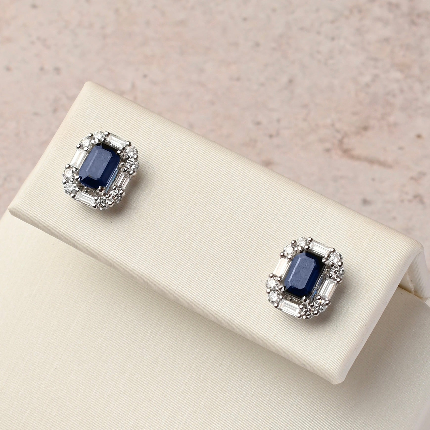 Sapphire Studs with Diamond Baguette Halo