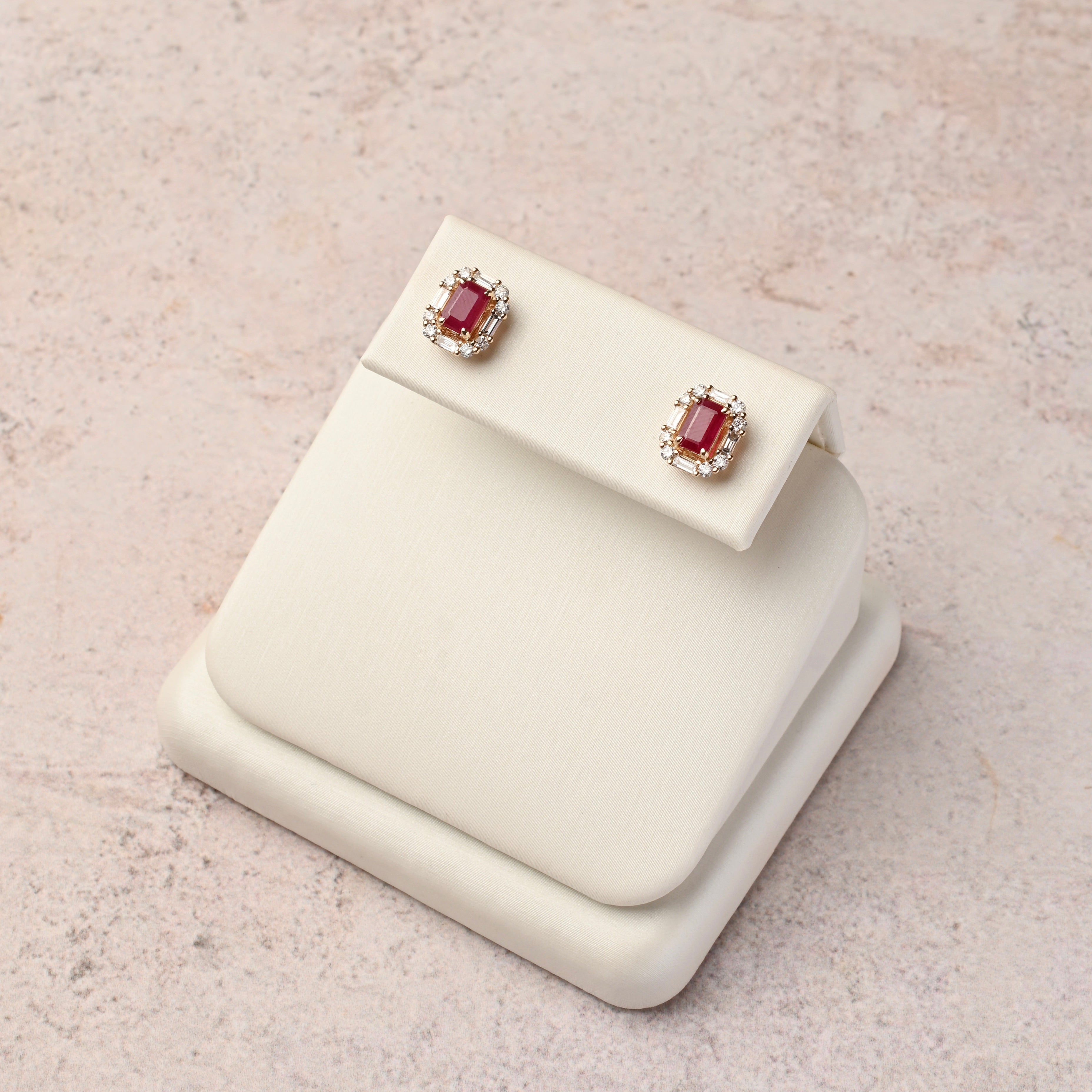 Ruby Studs with Diamond Baguette Halo