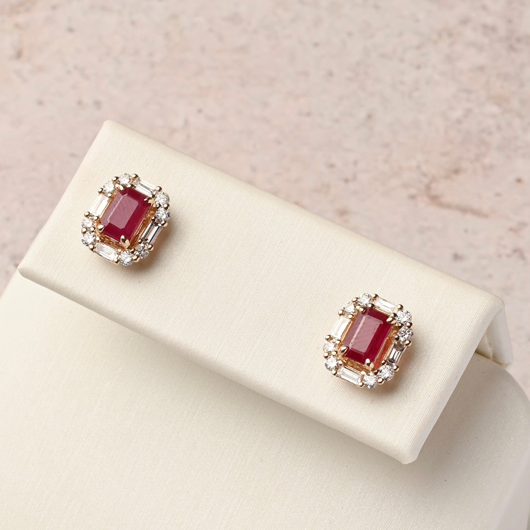 Ruby Studs with Diamond Baguette Halo