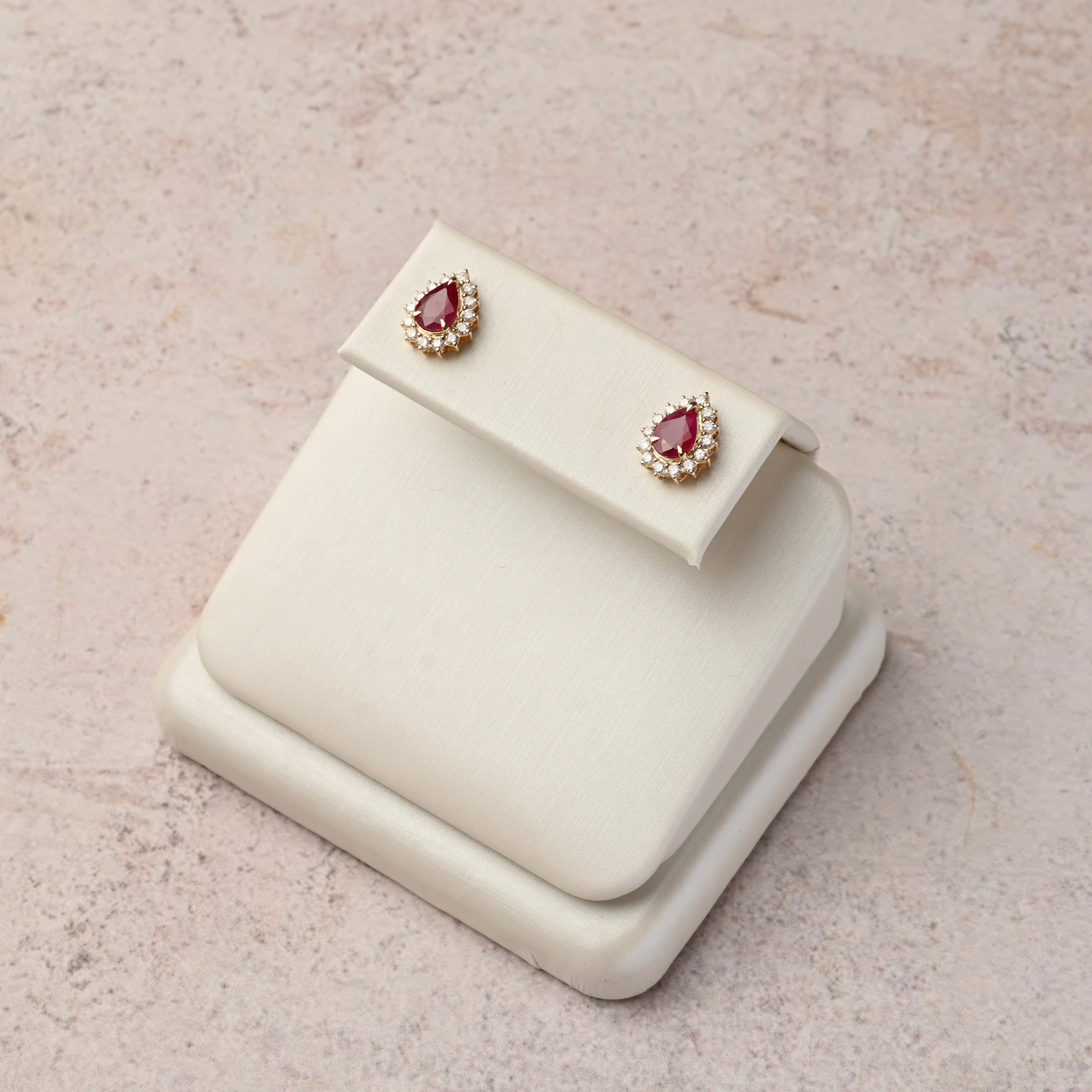 Pear Ruby and Diamonds Halo Studs