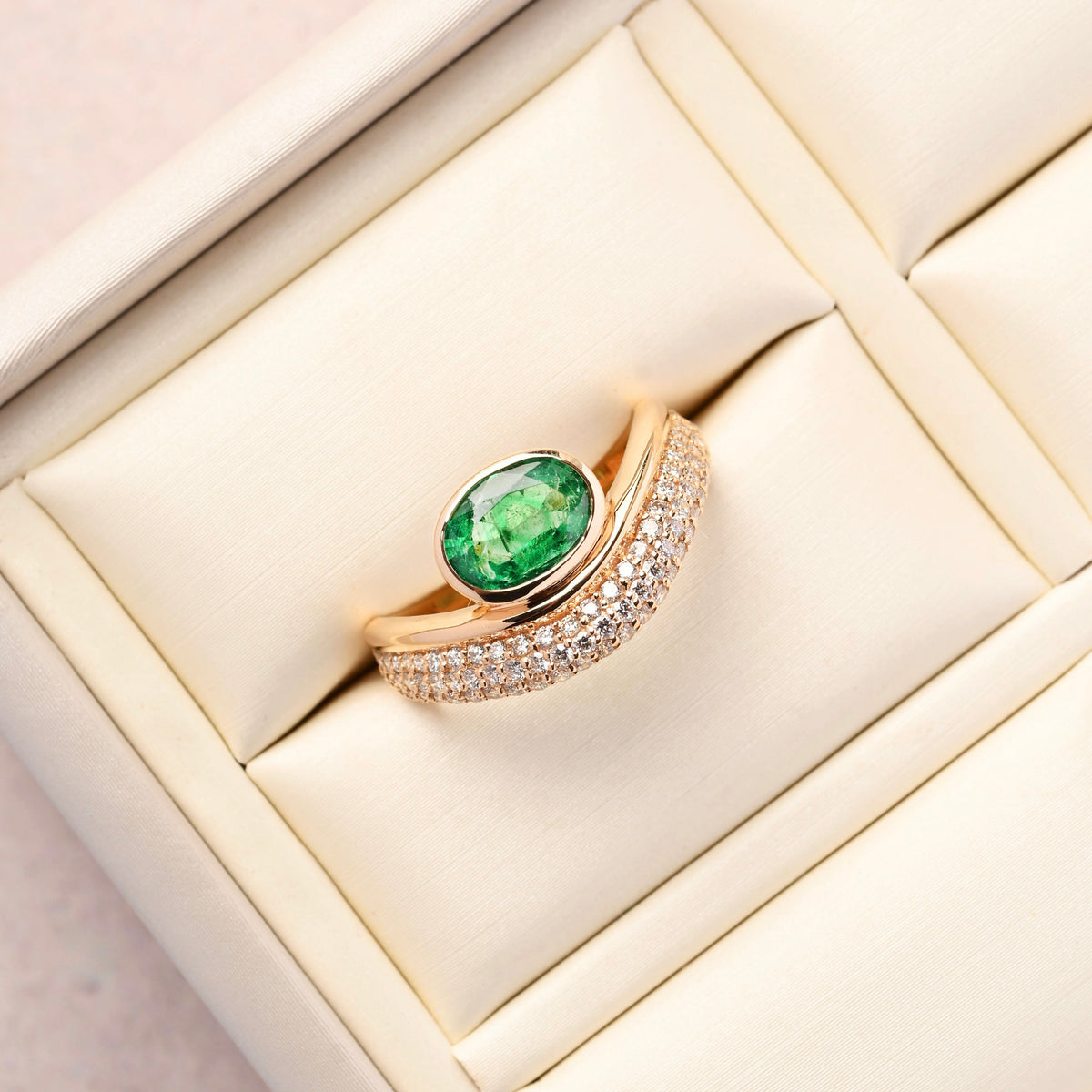 Bezel-Set oval Emerald and Diamond Ring