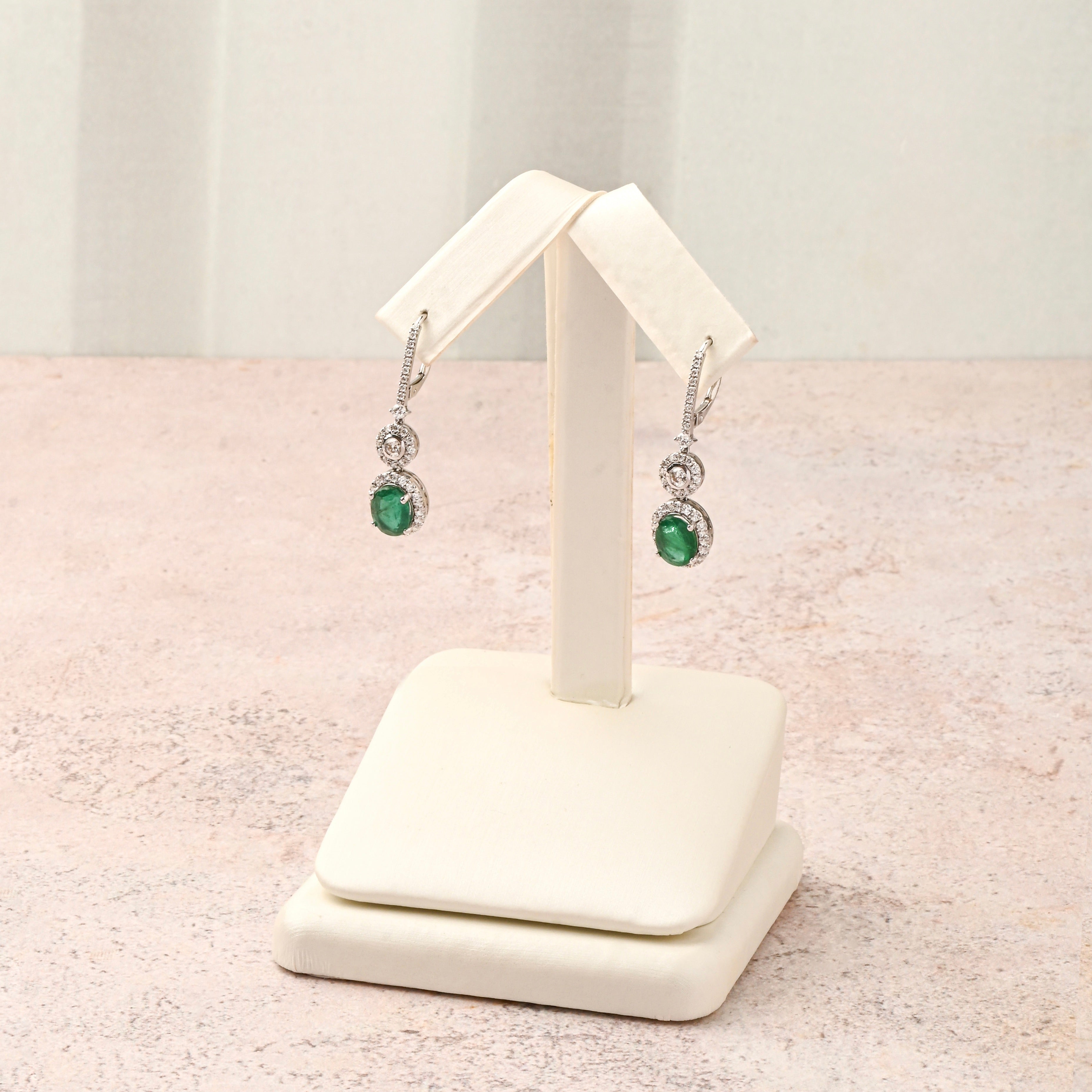 Oval Emerald Diamond Halo Dangle Earrings