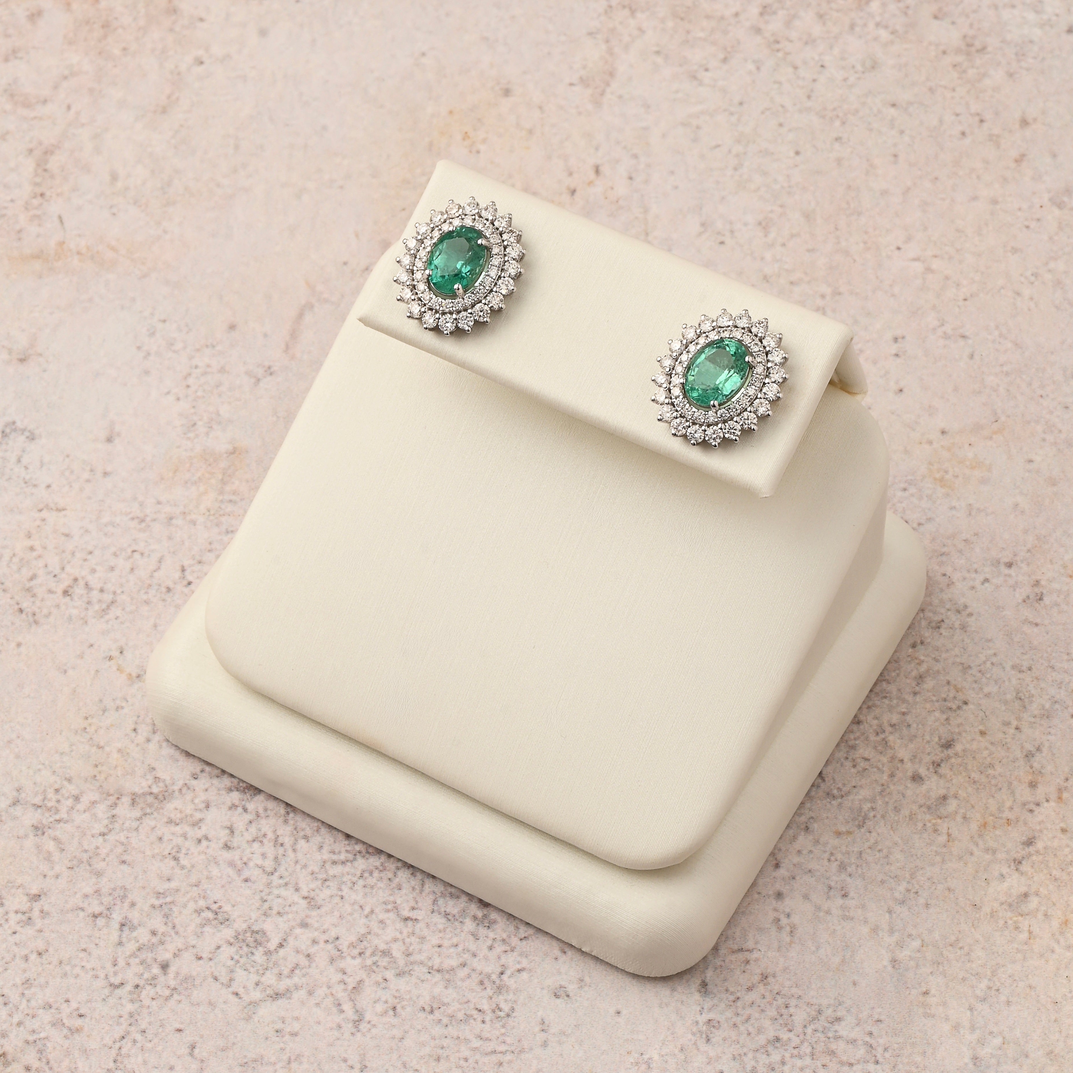 Double Halo Oval Emerald Studs