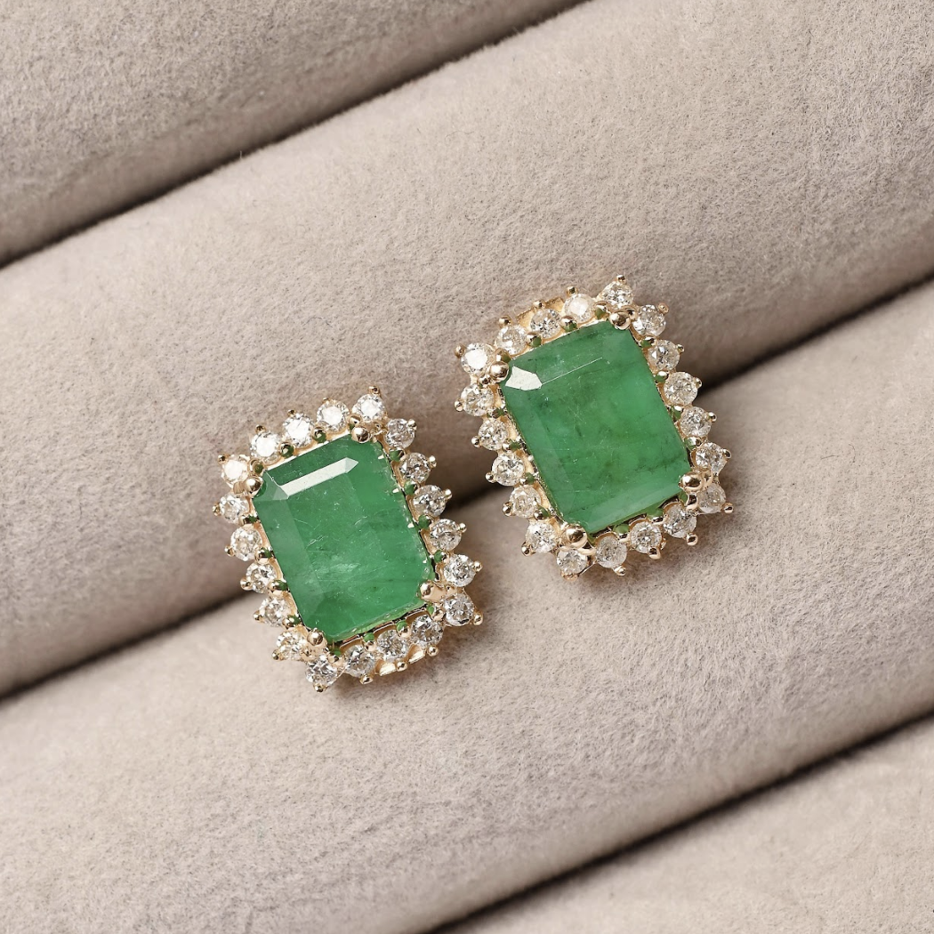 Emerald and Diamond Halo Studs
