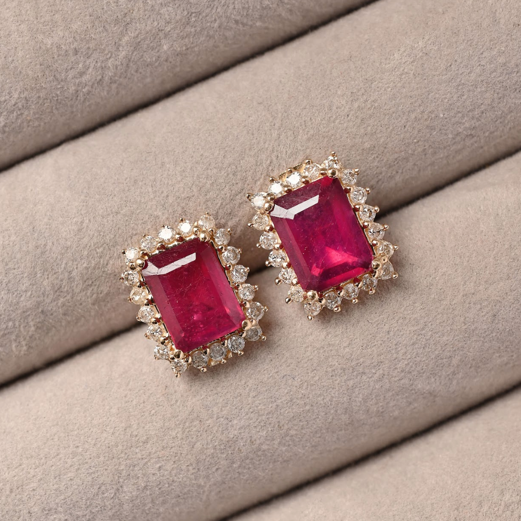 Ruby and Diamond Halo Studs