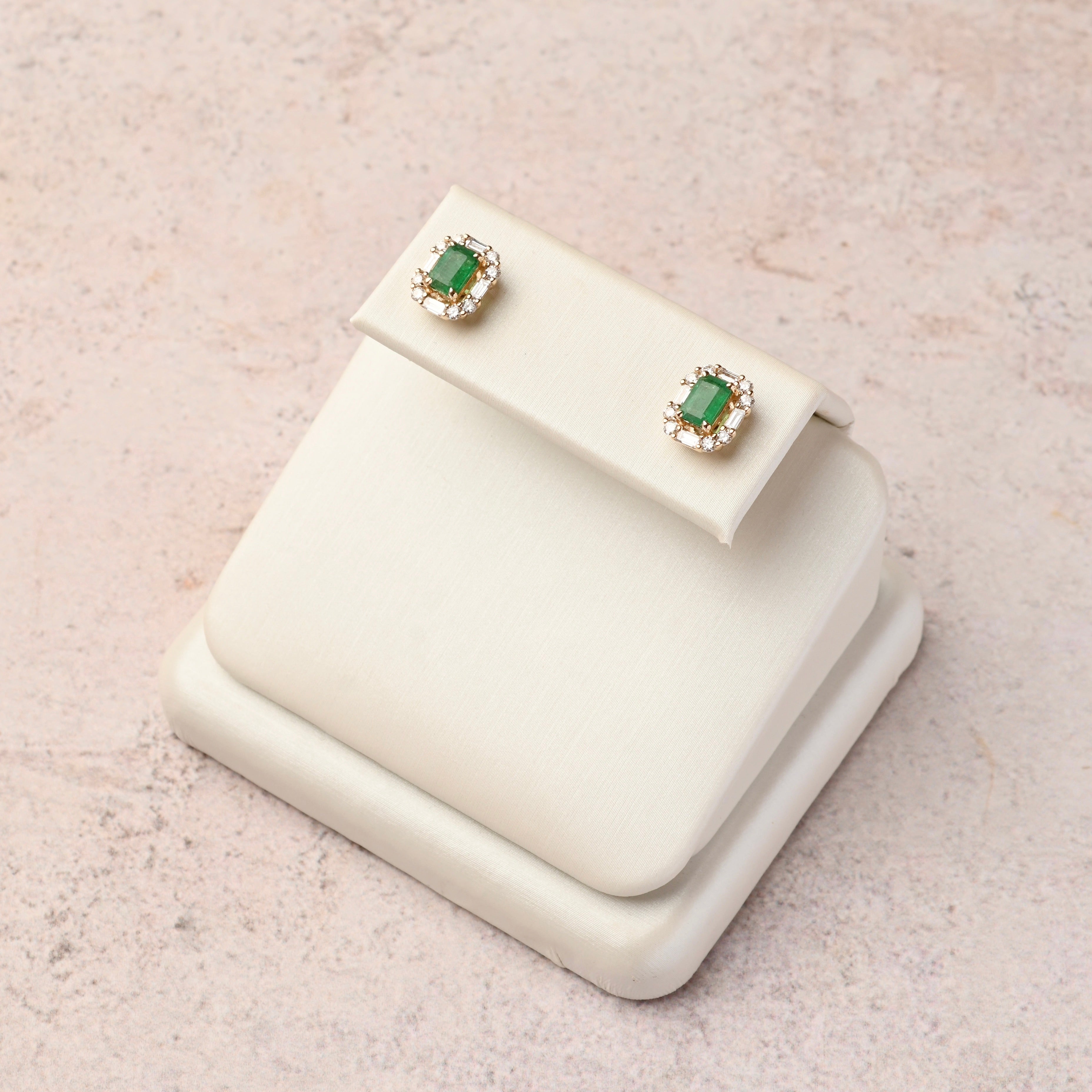 Emerald Studs with Diamond Baguette Halo