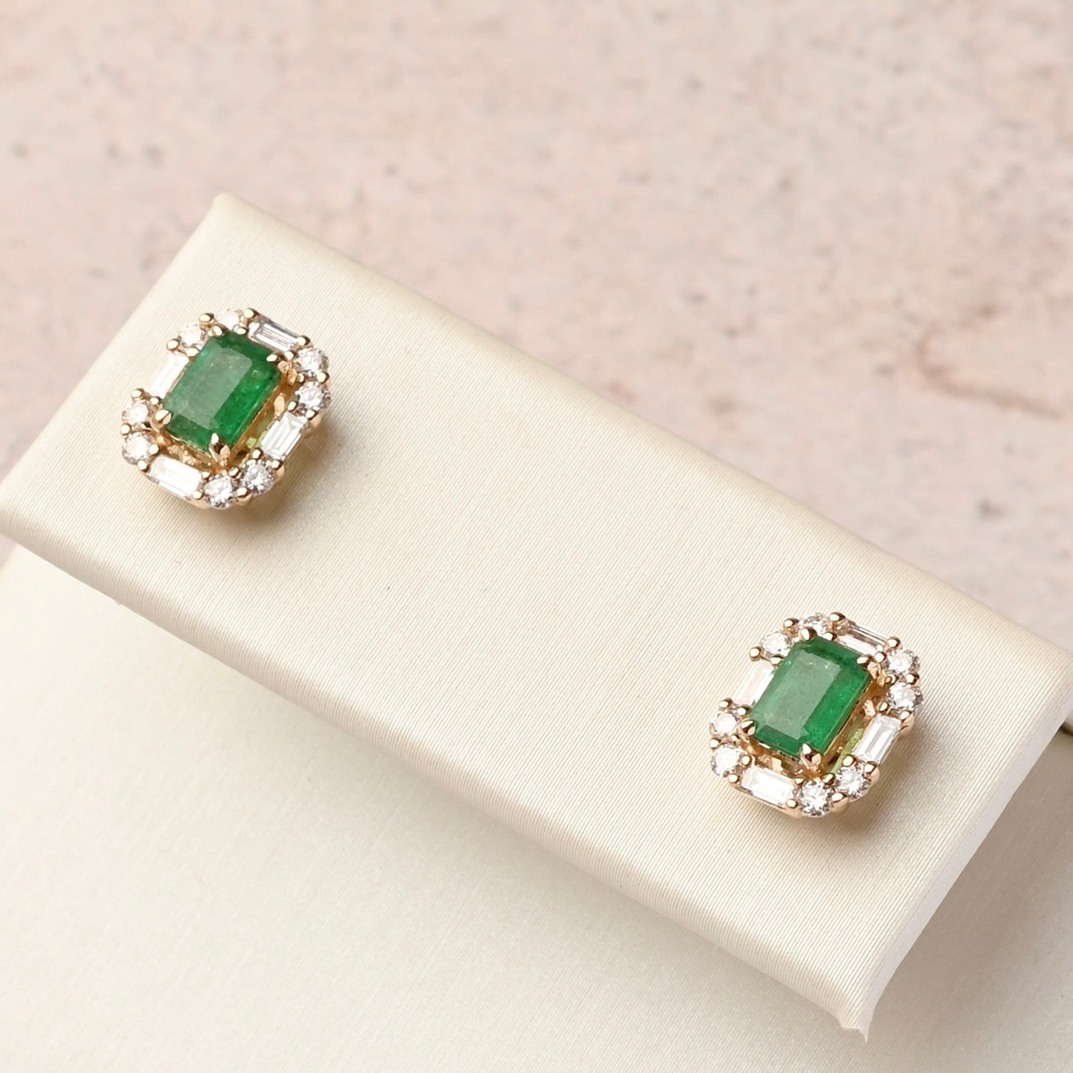 Emerald Studs with Diamond Baguette Halo