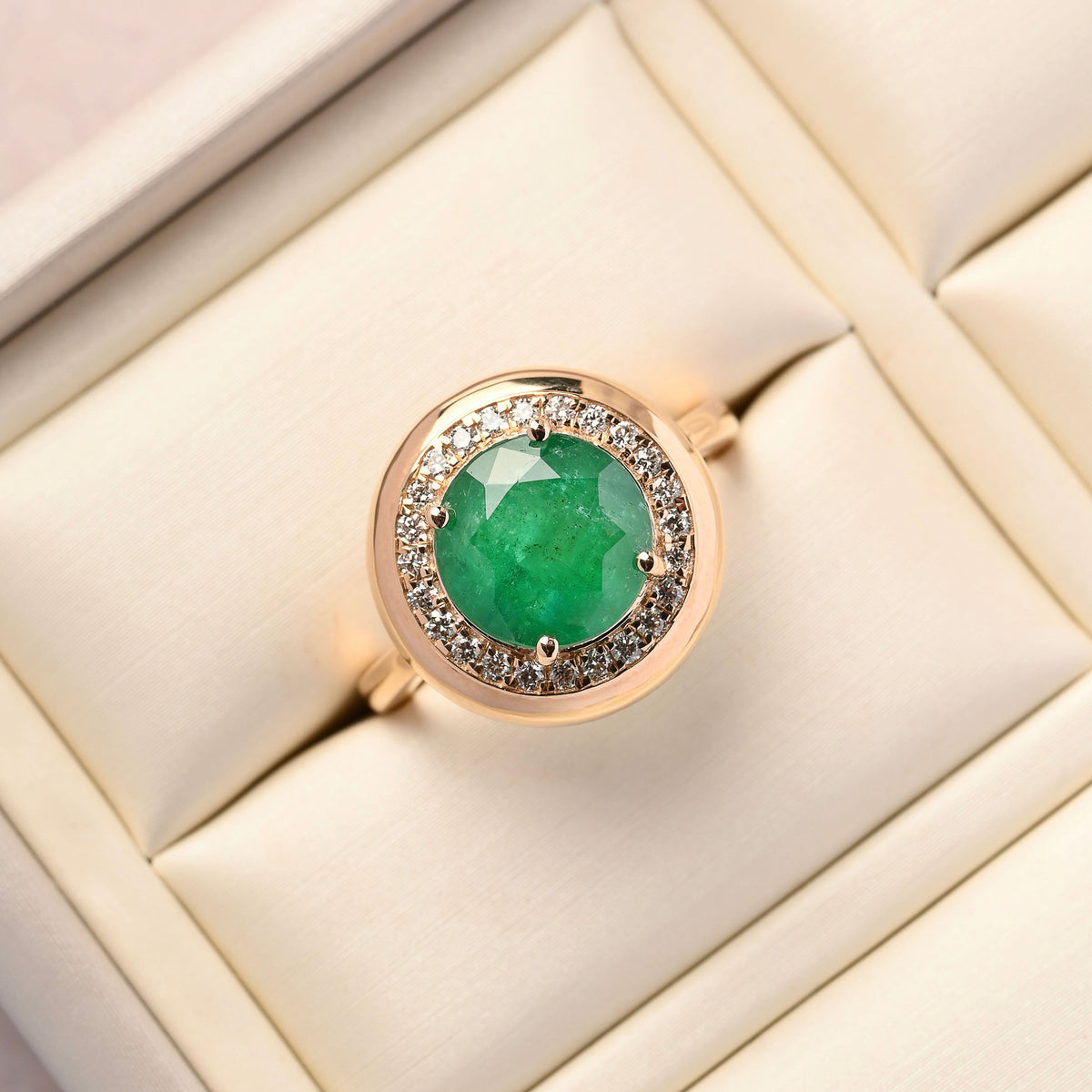 Emerald and Diamond Halo Chunky Gold Ring