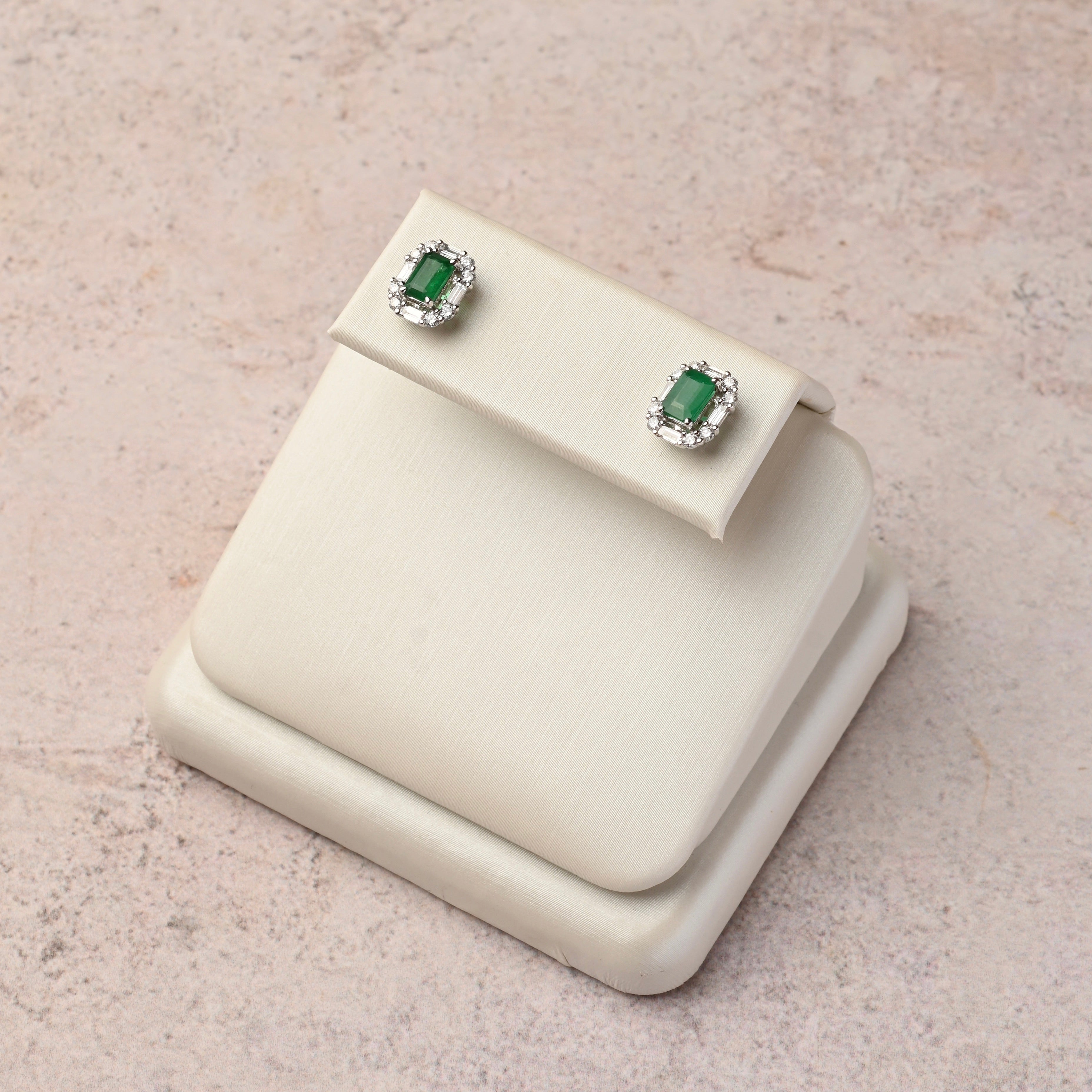 Emerald Studs with Diamond Baguette Halo