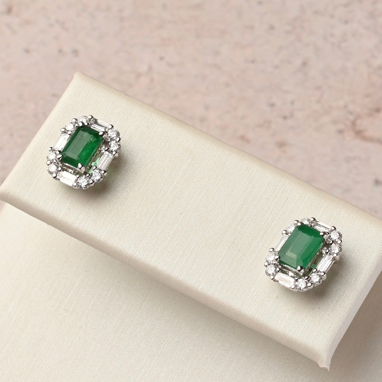 Emerald Studs with Diamond Baguette Halo