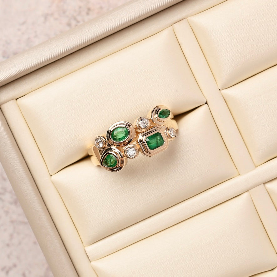 Bezel Emerald and Diamond Double Ring