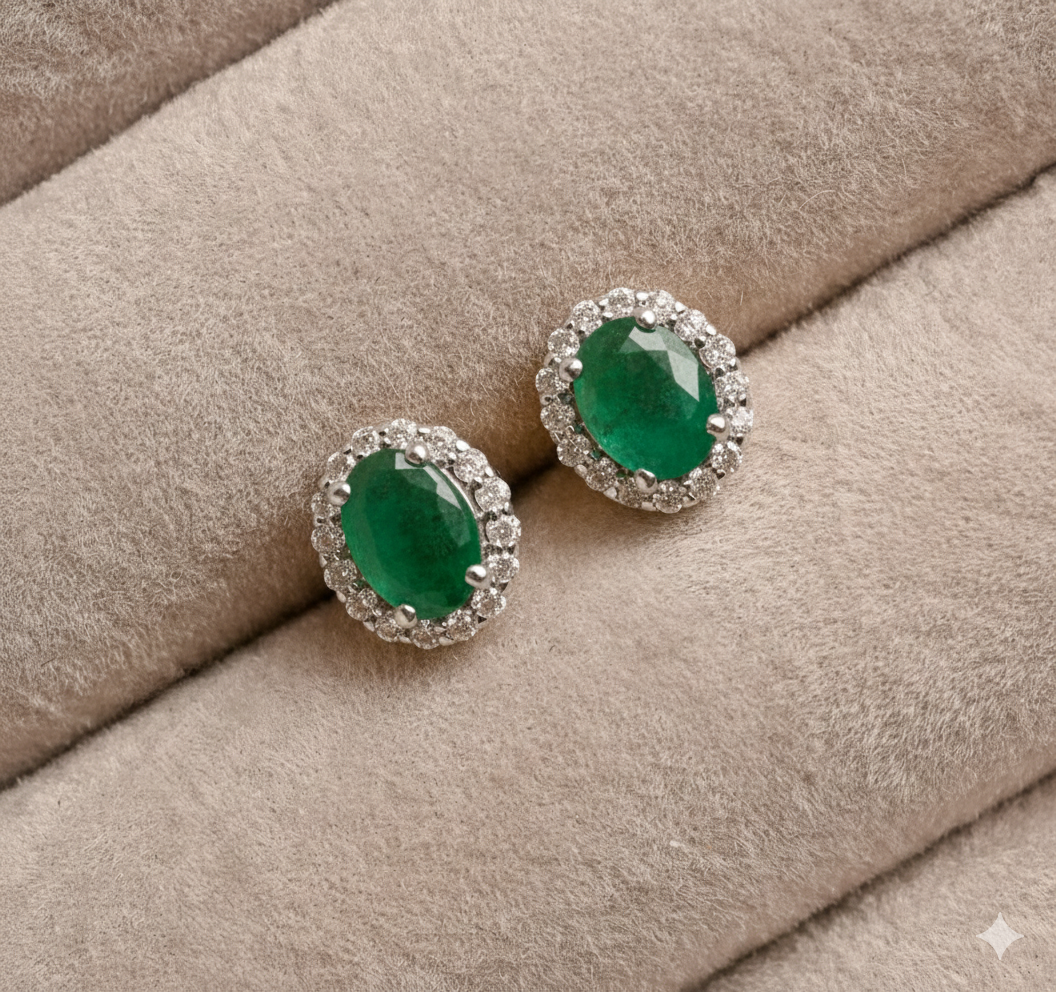 Emerald Oval Halo Studs